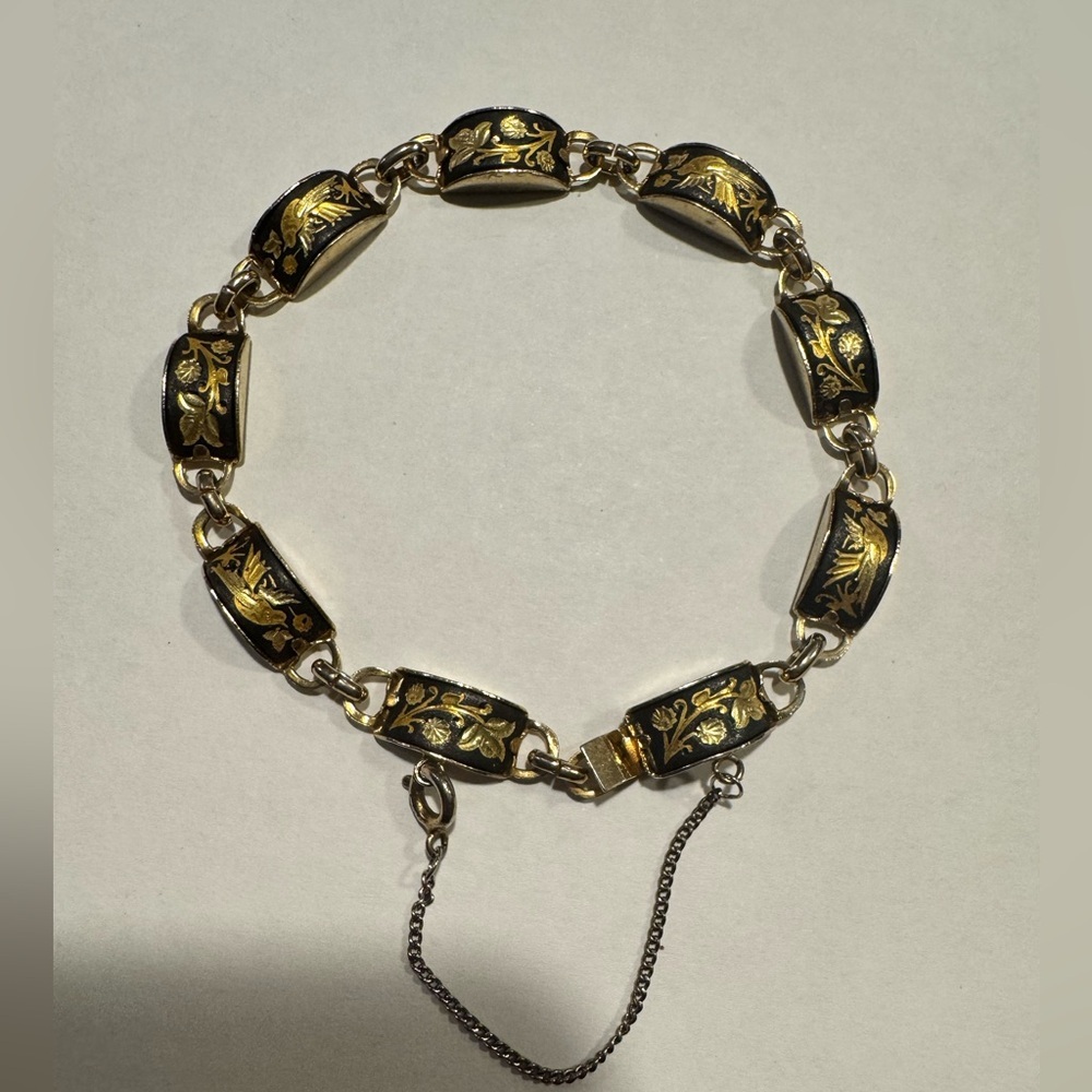 Vintage Damascene Black and Gold Bird & Floral Panel Link Bracelet